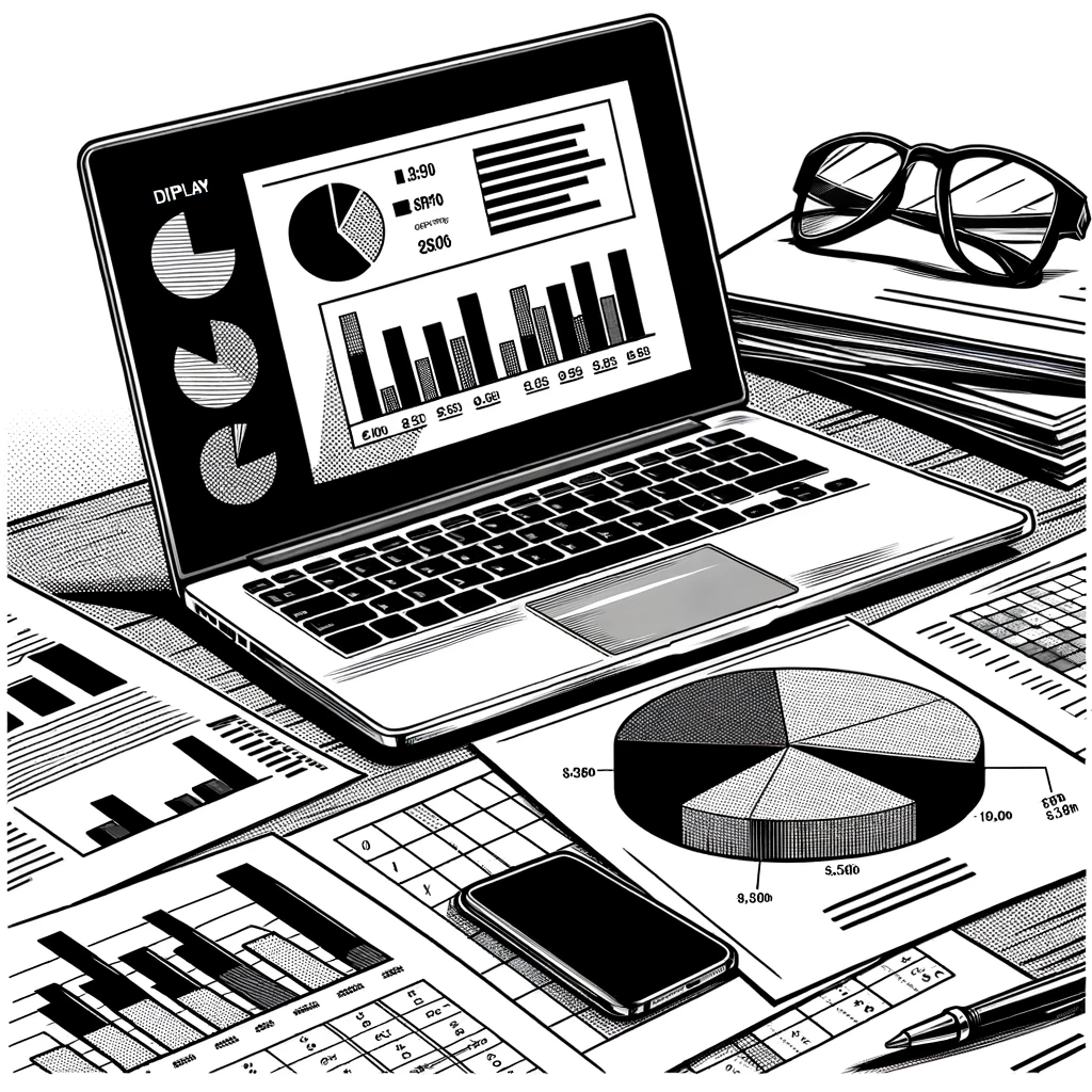 A imagem é uma ilustração em preto e branco representando uma área de trabalho com foco em análise de dados. No centro, há um laptop aberto mostrando um gráfico de barras e um gráfico de pizza na tela, com números e etiquetas indicando dados estatísticos. Ao lado do laptop, repousam óculos com armação preta. Abaixo do laptop, há papéis espalhados com vários tipos de gráficos e dados numéricos, um telefone celular moderno e uma caneta esferográfica próxima a um caderno aberto com anotações. A composição sugere um ambiente de trabalho intenso, possivelmente de um analista de dados ou alguém trabalhando em finanças ou pesquisa de mercado, enfatizando a análise e interpretação de informações quantitativas.